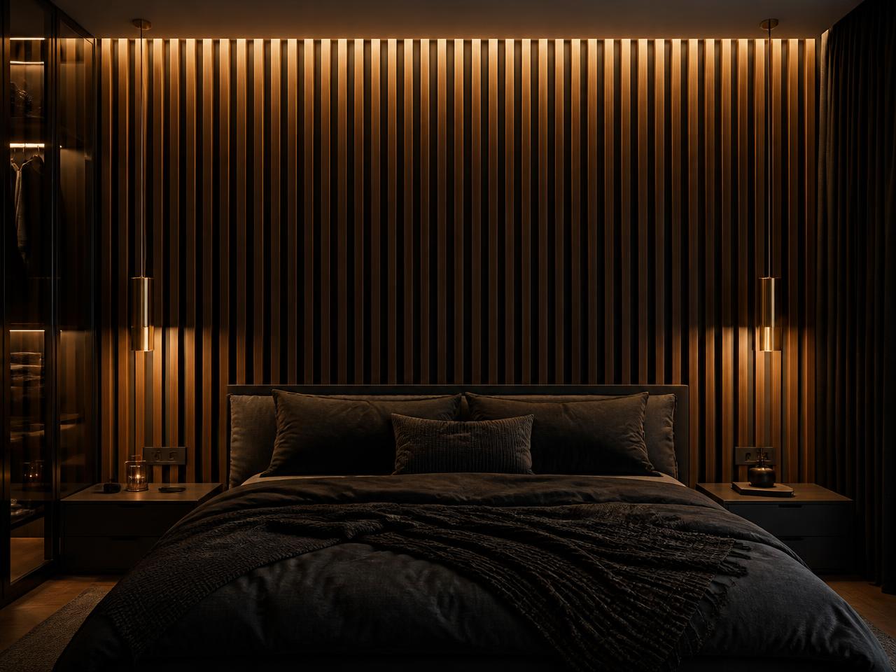 Slaapkamer met akoestische lattenwand in Walnut