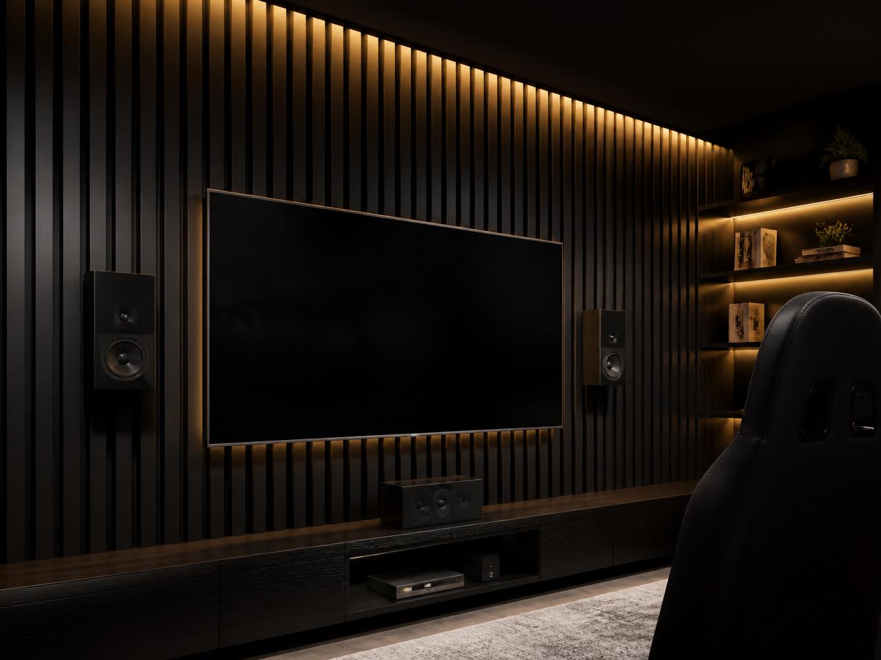 Mediaruimte met akoestische lattenwand in Black