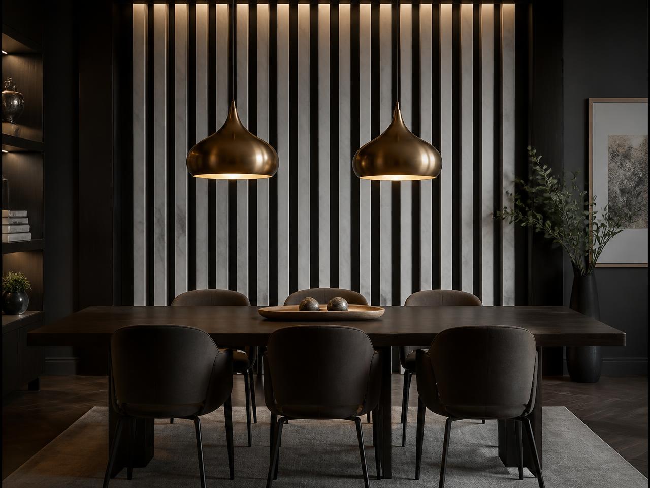 Eetkamer met akoestische lattenwand in Marble Grain