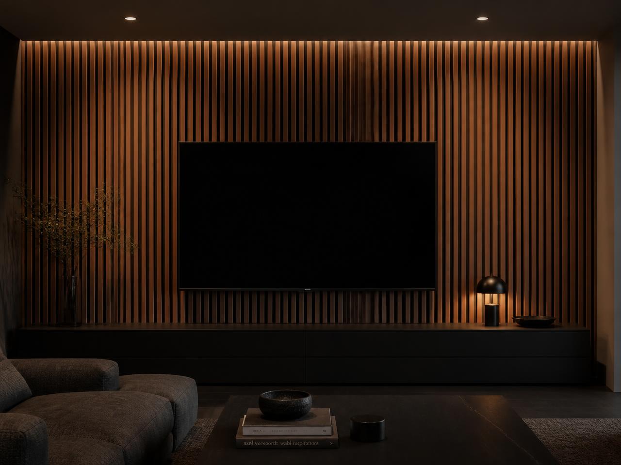 Woonkamer met akoestische lattenwand in Light Walnut