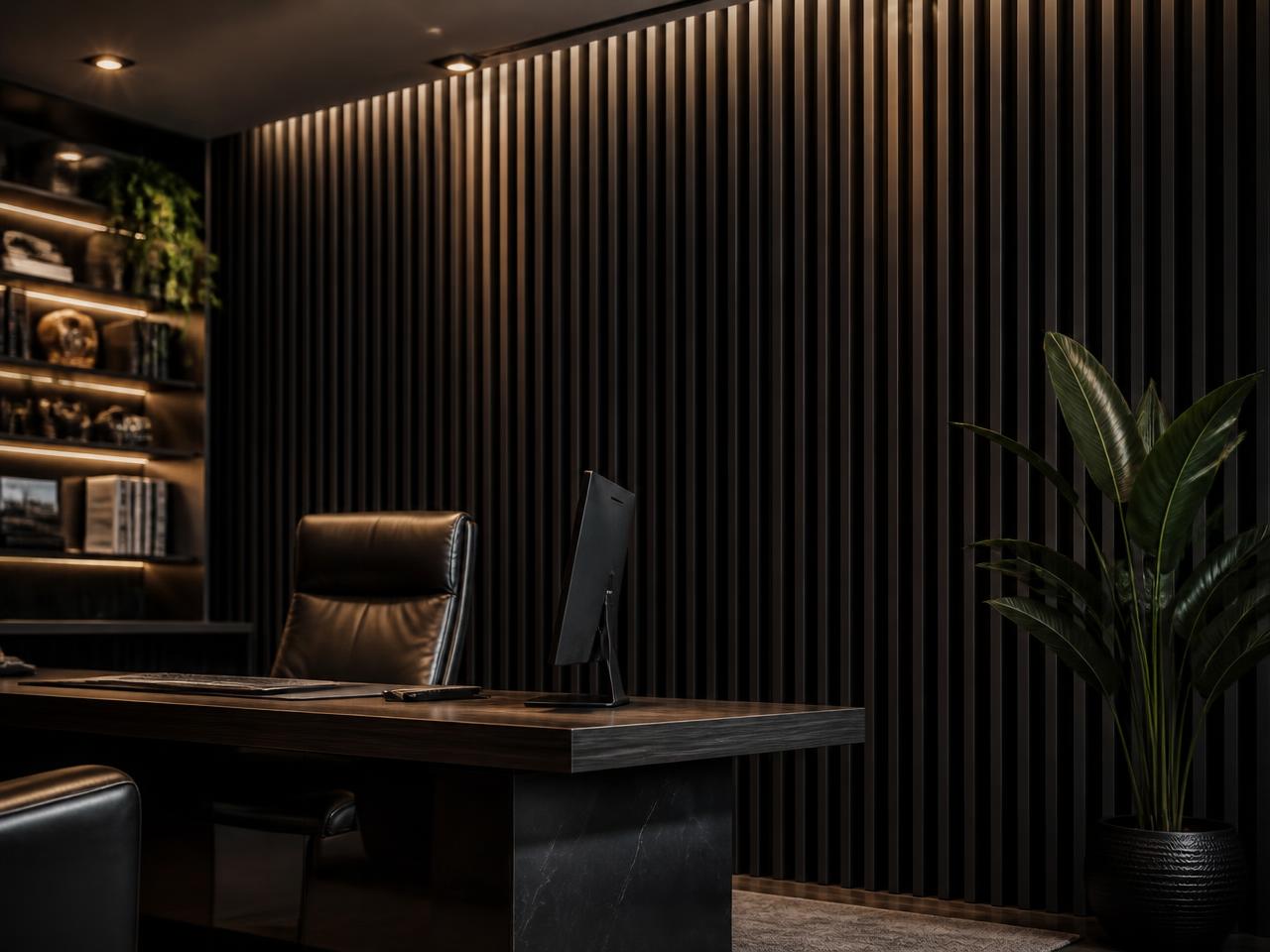 Kantoor met akoestische lattenwand in Black